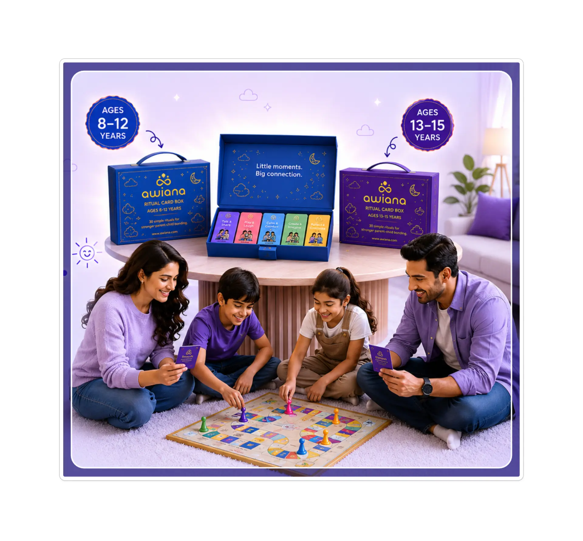 AWIANA product concept — age-tiered ritual card boxes for 8–12 and 13–15 year olds, with a family playing together at home.