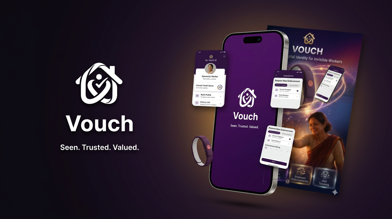 VOUCH project showcase — the Vouch logo and tagline beside a smartphone showing the app splash screen, with floating worker-ID and endorsement screens, the SOS wristband and the project poster layered behind.